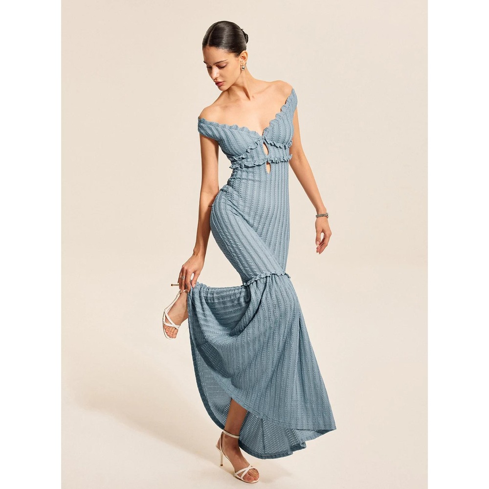 Commense Blue Knit Maxi Dress Off Shoulder Ruffle Trim Mermaid Evening Gown Lg